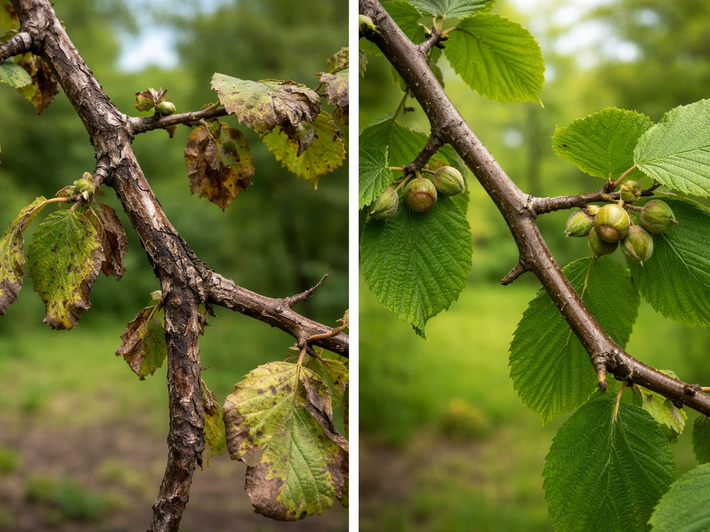 Split close-up of hazelnut branches showing eastern filbert blight cankers on one side and healthy leaves on the other.