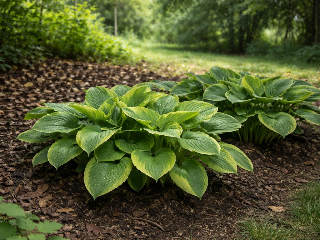 Hosta plants growing in dappled shade at the edge of a black walnut canopy.