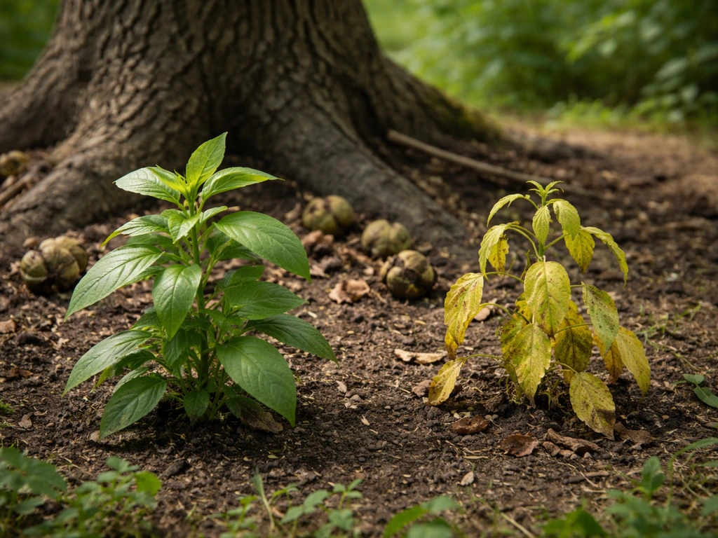 Stressed yellowing plant beside a black walnut base with fallen nut hulls and a healthier plant nearby.