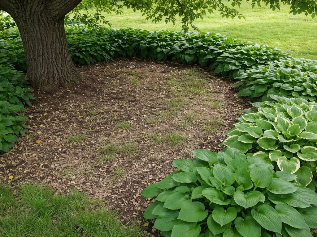 Angled garden view showing stressed hostas under a walnut canopy area and healthy hostas at the safer edge