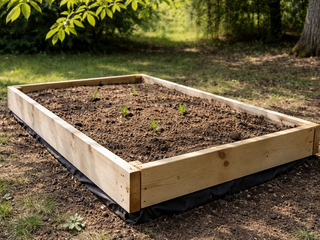 Raised bed with visible root barrier lined bottom and clean soil, shaded by walnut tree leaves.