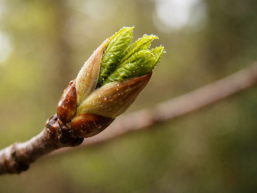 Close-up of an oak branch where bud scales split, revealing fresh green leaves in early spring.