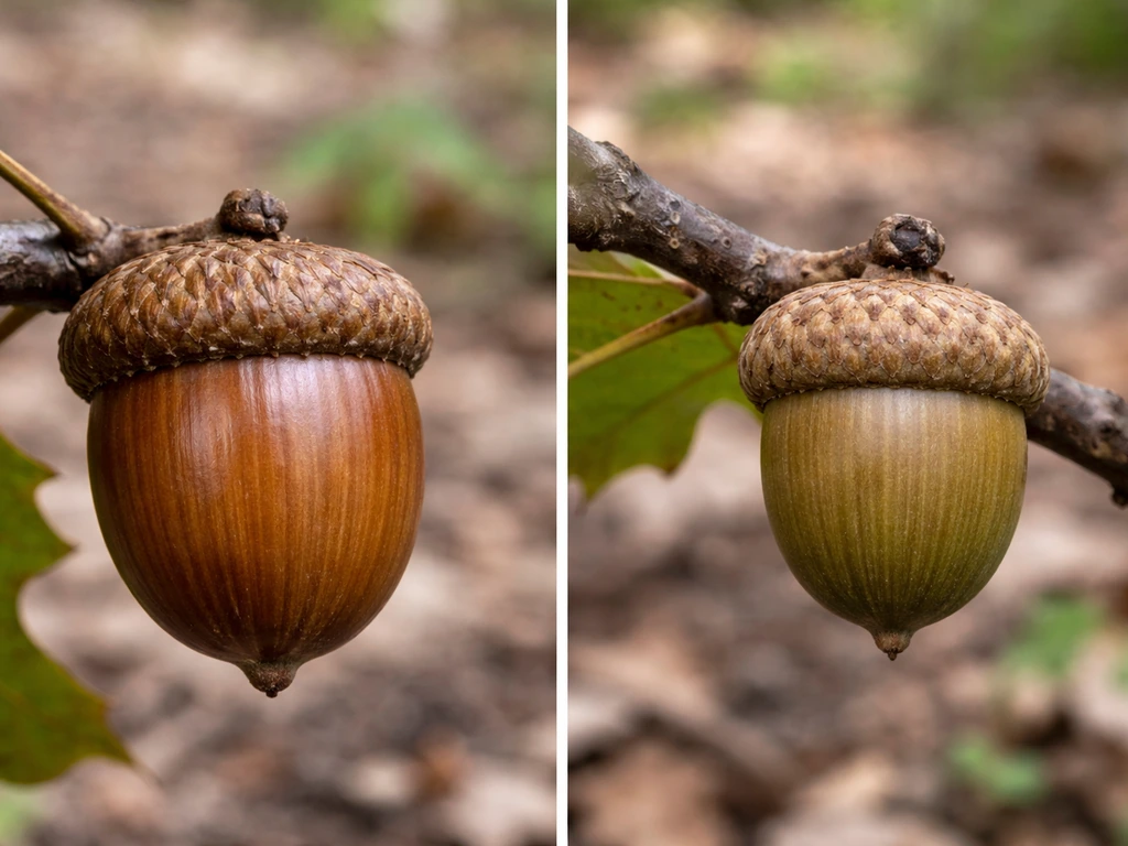 Split view of white oak and red oak acorns on a twig showing near-maturity vs earlier growth stage.