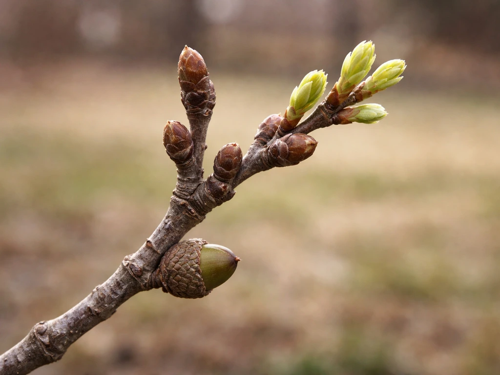 Close-up of an oak twig in late winter, buds swelling into small leaves and early acorn swell