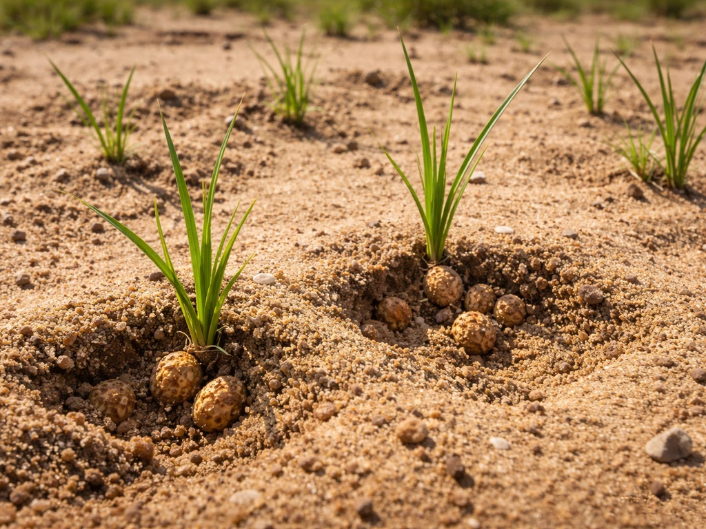 Tiger nuts sprouting in sandy soil under warm sunlight, with grass-like shoots and hints of tuber harvest.