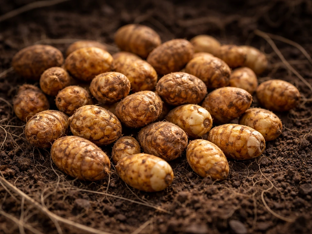 Close-up of small brown tiger nuts and fibrous roots on harvested soil, emphasizing tuber texture.