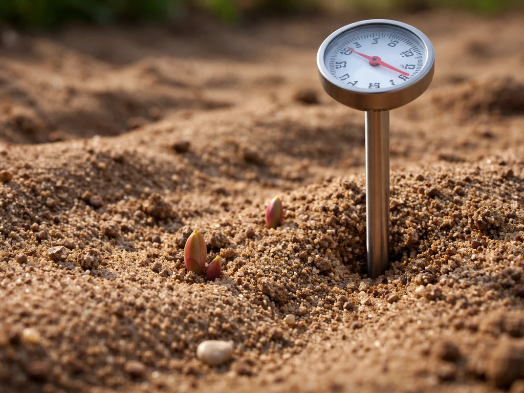 Warm sandy planting bed with a simple soil thermometer pushed into the soil near sprouting tubers.