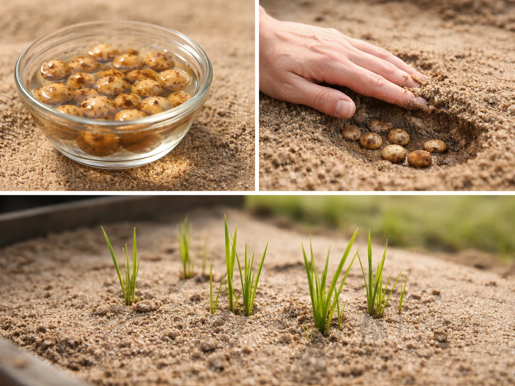 Dried tiger nut tubers soaking, then being planted into sandy soil with grass-like shoots emerging.