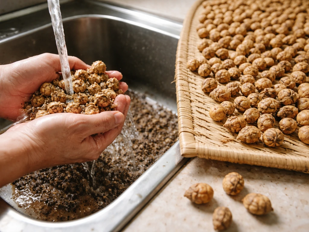 Tiger nut tubers being rinsed in a sink and drying on a woven mat.