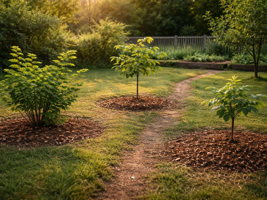 Backyard with small nut trees and shrubs labeled only by spacing, clear space between plants