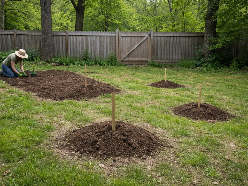 Minimal backyard planting bed with spaced markers showing room for a nut tree or shrub.