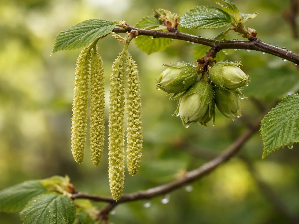 Close-up of hazelnut catkins and developing nuts on a shrub branch in spring sunlight.