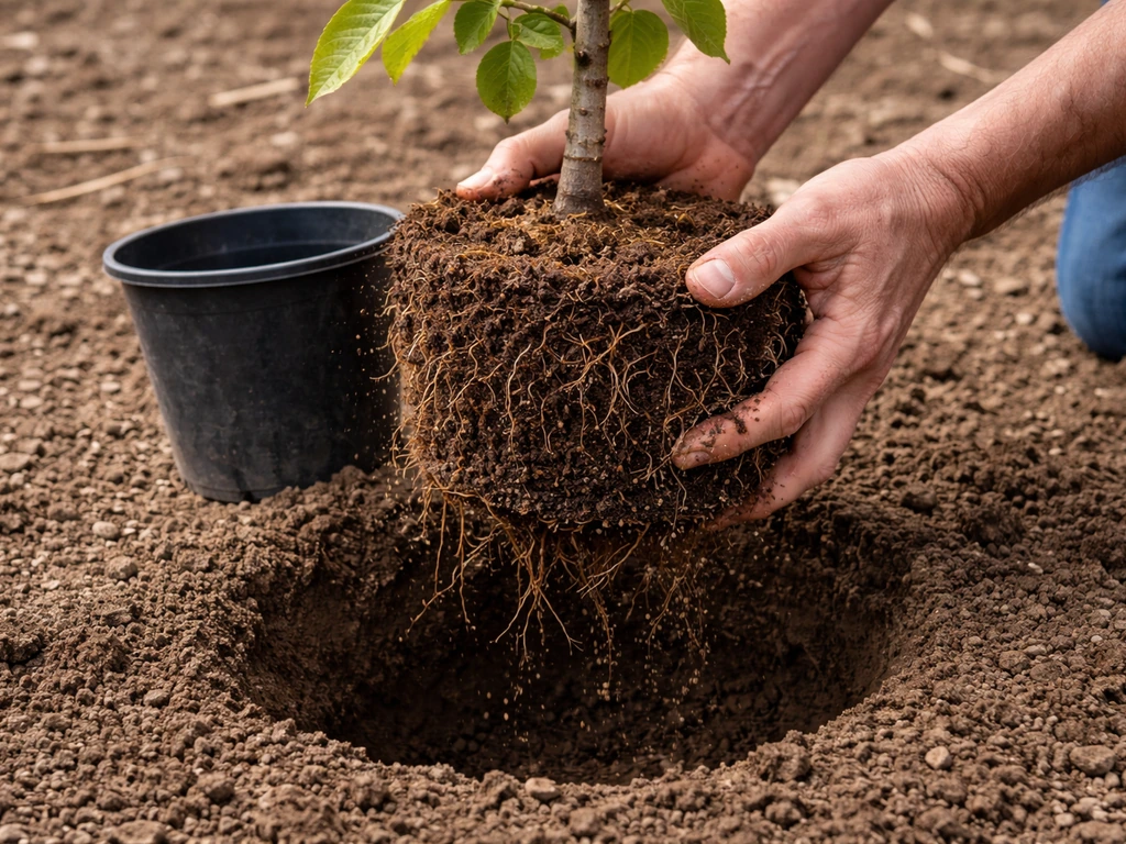 Hands unpotting a container nut tree and setting it into a shallow planting hole with roots visible