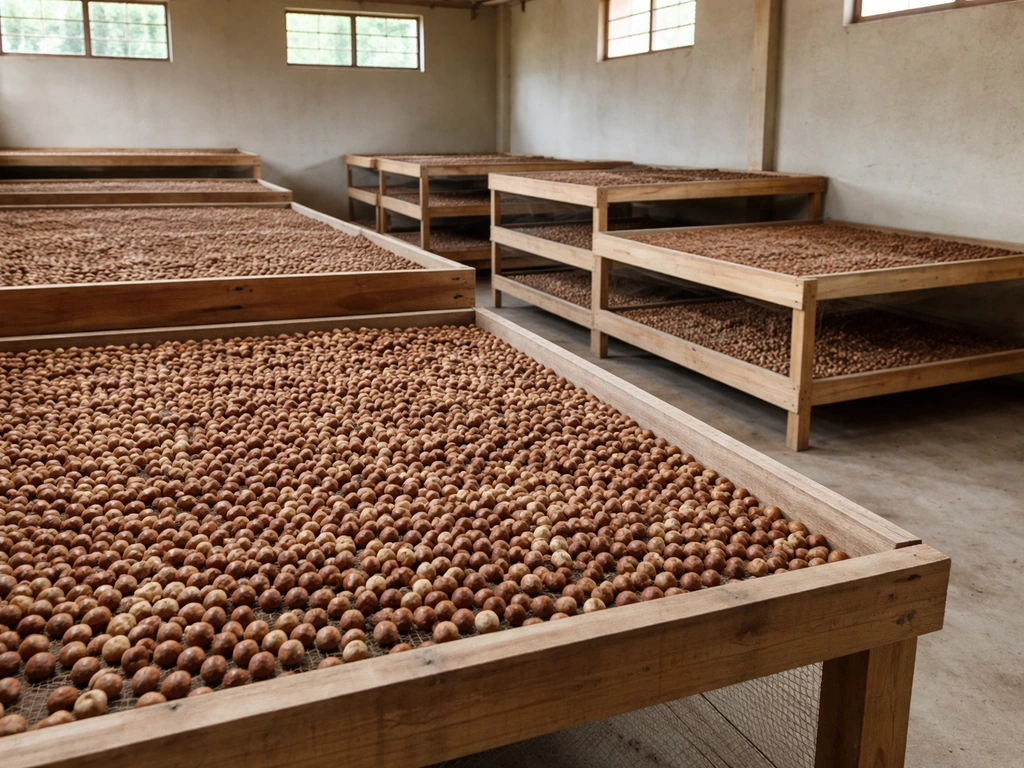 Hazelnuts spread on ventilated drying racks in a simple airy curing room