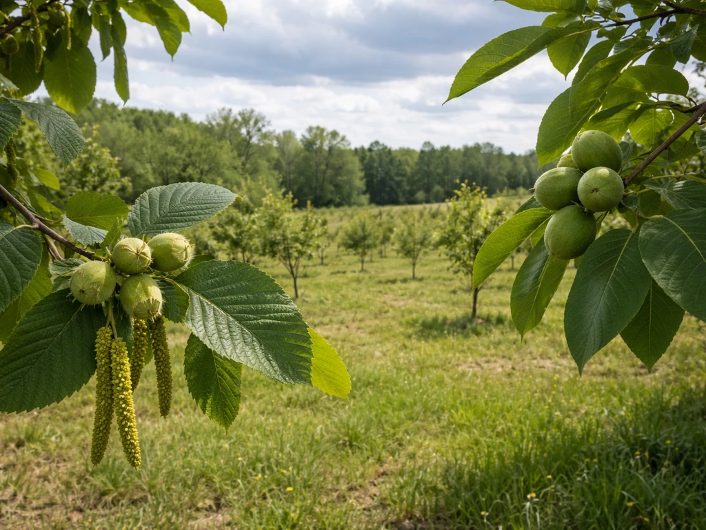 Sunlit Ontario orchard with hazelnut and walnut branches over a natural field backdrop