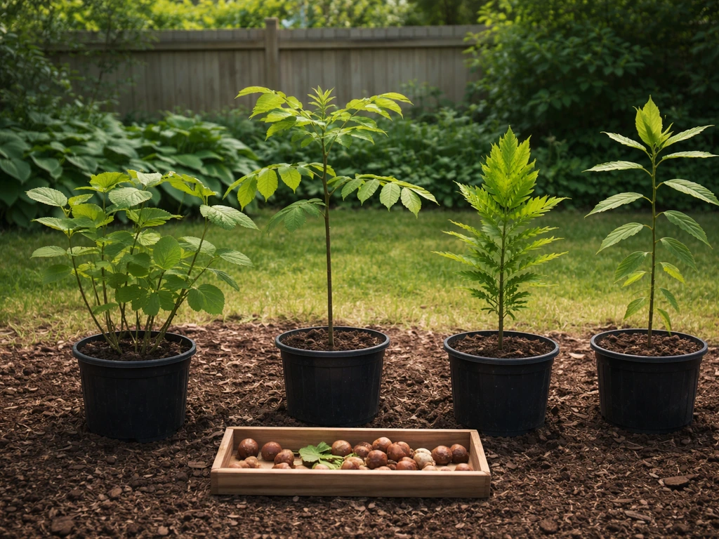 Five young Ontario nut-tree saplings in separate pots with a few fallen nuts on a small tray.