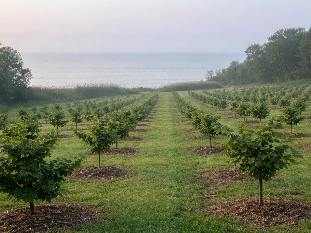 Small hazelnut and walnut orchard near a hazy lake shoreline with moderated conditions and soft morning light
