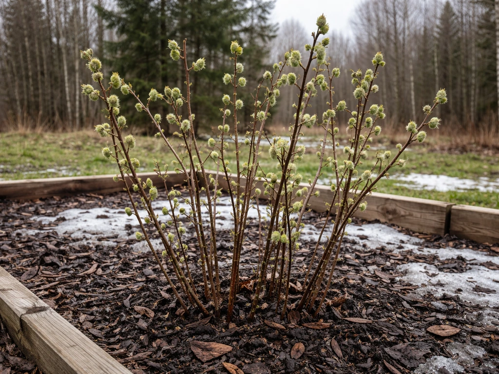 Hardy native hazelnut shrubs in a cold-climate garden with early spring light and bare soil