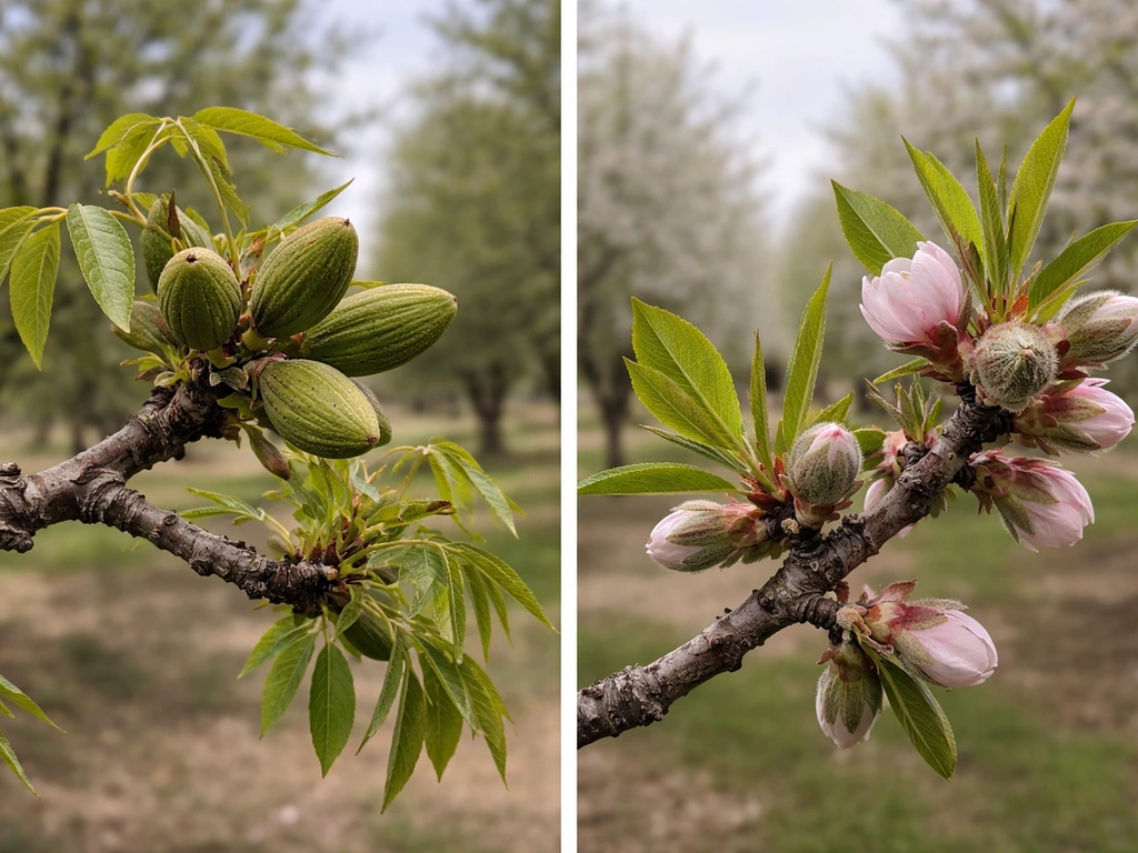 Close-up comparison of pecan and almond branches with buds and early leaves in a sparse orchard setting.