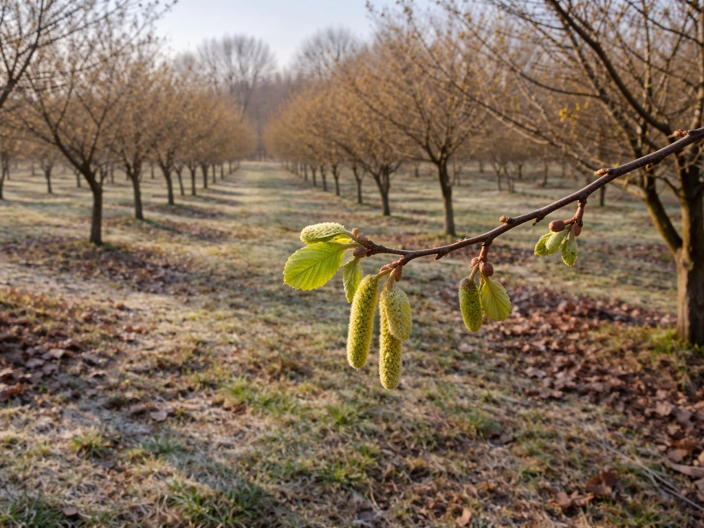 Hazelnut orchard with early-spring buds on branches and clear temperate landscape in natural light