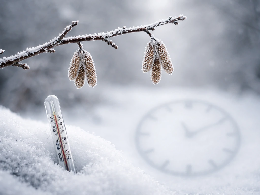 Winter hazelnut branch in frost with a thermometer and clock-like winter chill concept in the background