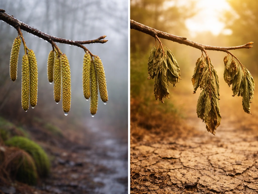 Split scene showing damp winter-spring hazelnut-like catkins vs a dry summer branch with drooping leaves.
