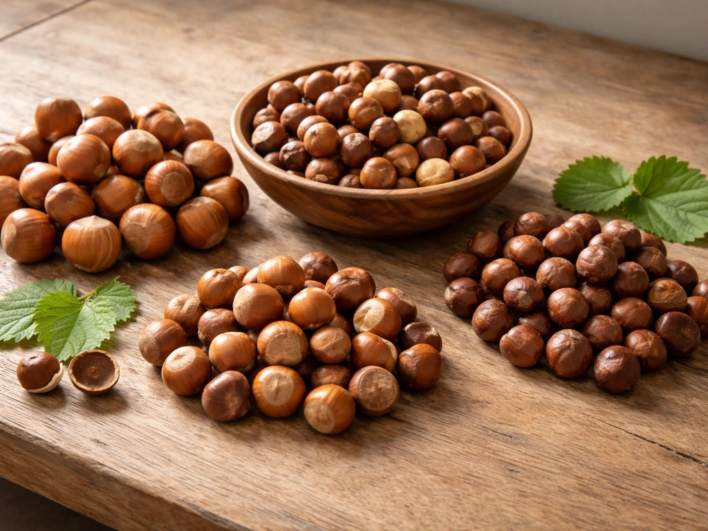 Fresh hazelnuts in a wooden bowl with separate small piles on a simple table, suggesting different types.