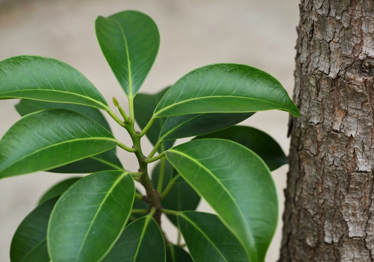 Close-up of Myristica fragrans foliage and textured bark in soft natural light