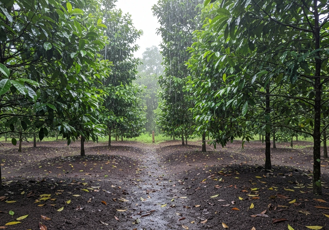 Lush nutmeg plantation in humid tropical rain, with dense canopy and wet soil path
