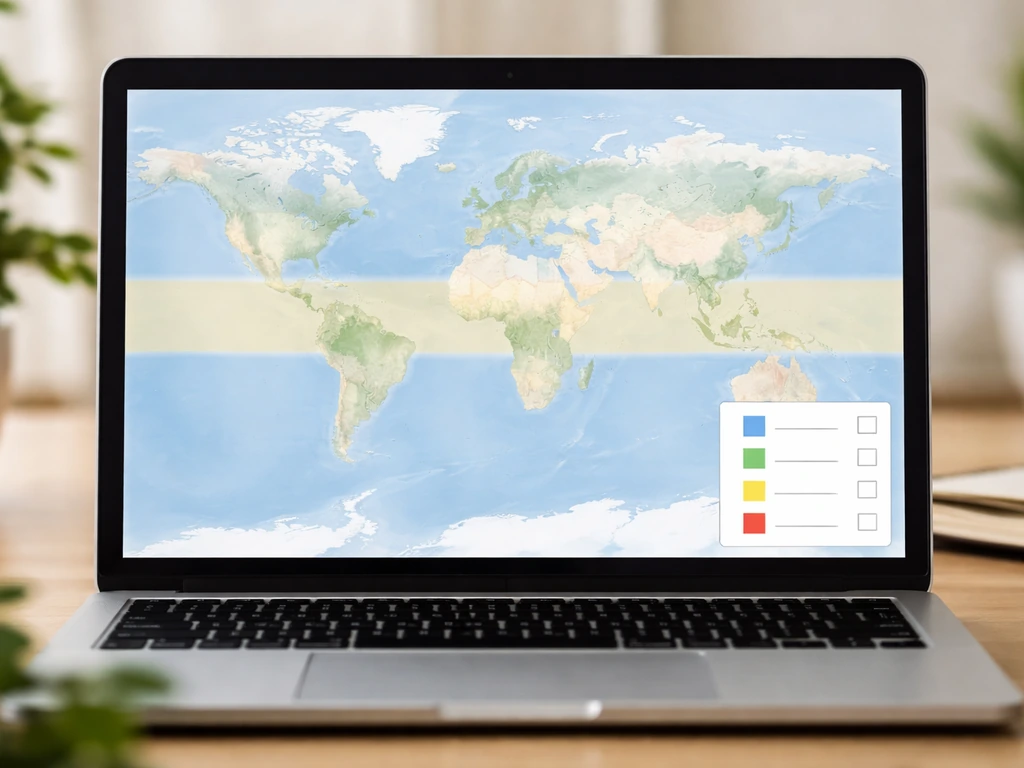 Laptop screen showing a world map with an equator latitude band and a small color-only zone logic overlay.