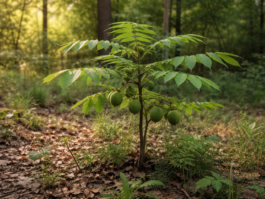 Young black walnut sapling at a woodland edge with compound leaves and green walnut hulls on branches.