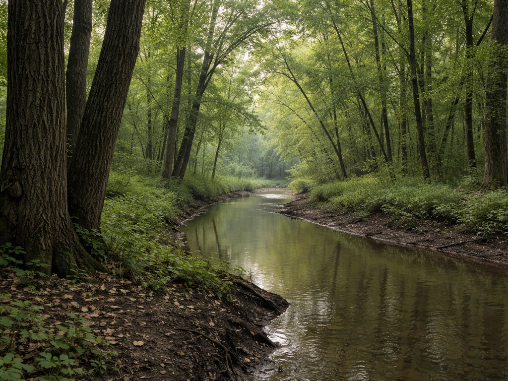 Misty bottomland creek flowing through a lush mixed hardwood forest with dark, moist soil.