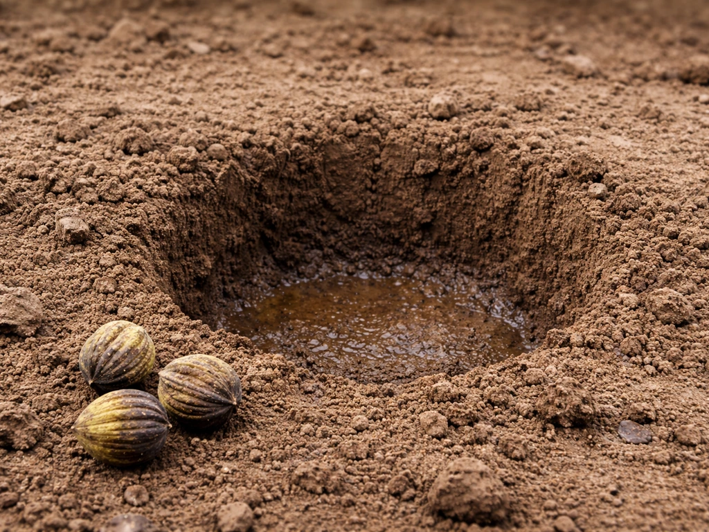 Close-up of a deep planting hole with black walnut nuts in fine, well-leveled soil.
