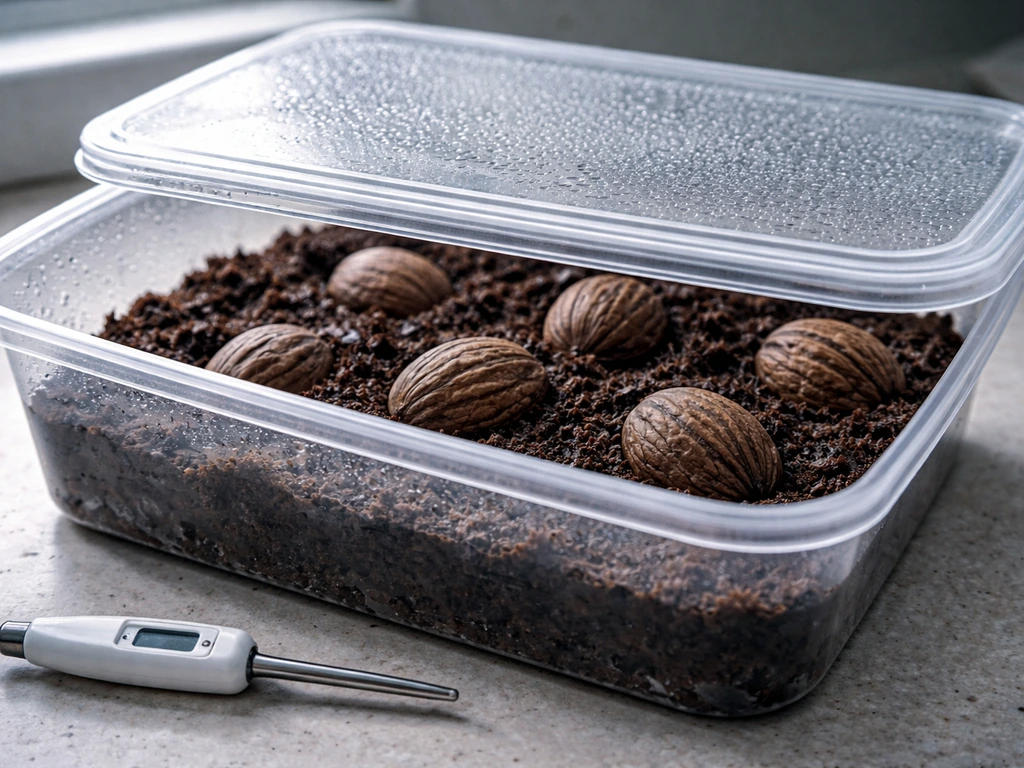 Black walnut seeds in a cold-moist stratification tray with damp peat and a simple thermometer nearby