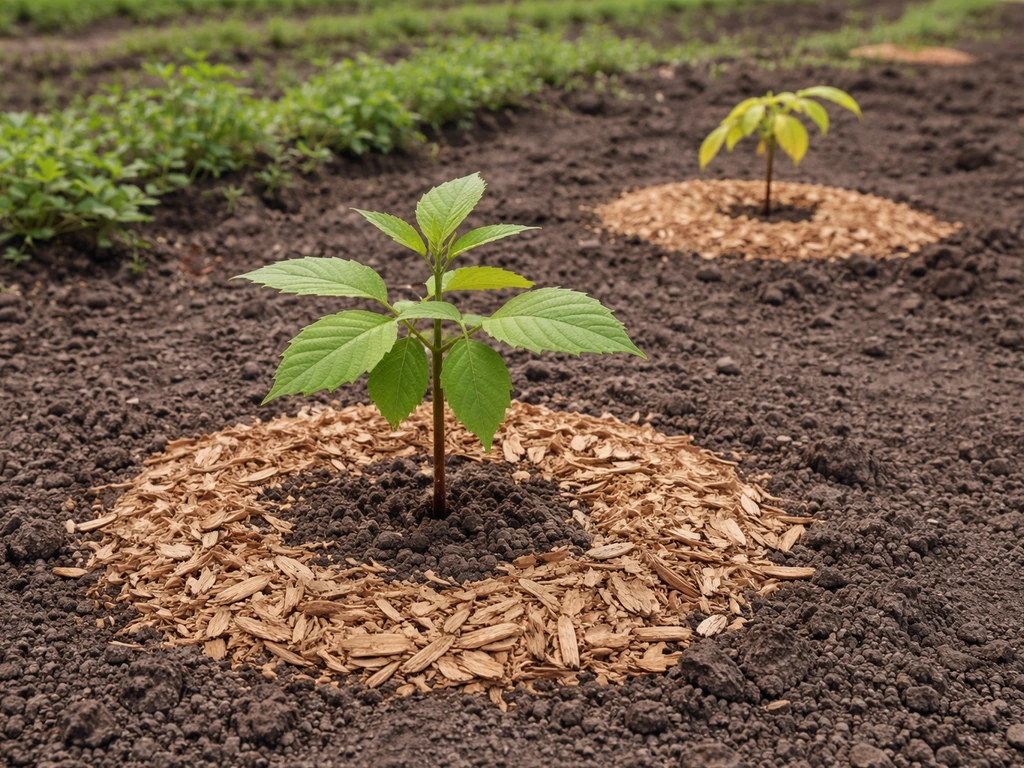 Healthy walnut seedling in a wood-chip mulch ring, with a nearby stressed seedling where weeds encroach.