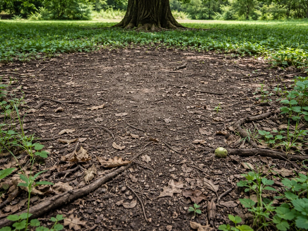 Ground-level view under a black walnut tree showing a bare drip-line ring and sparse nearby plants.