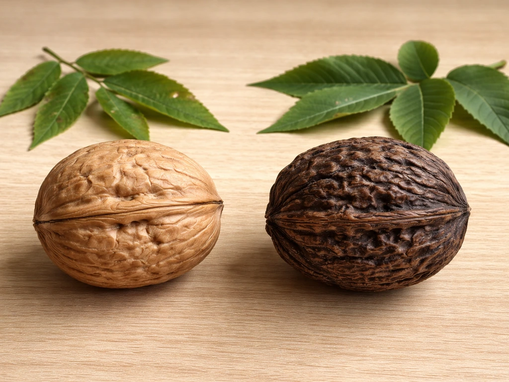 Side-by-side close-up of English and black walnuts showing different husk/shell and leaf textures.