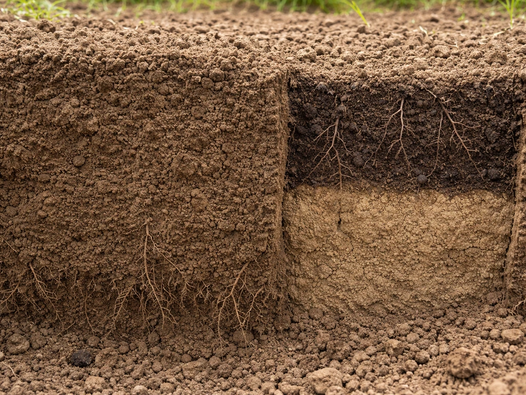 Close-up of well-drained loamy soil with a small inset showing root penetration vs a compacted layer.