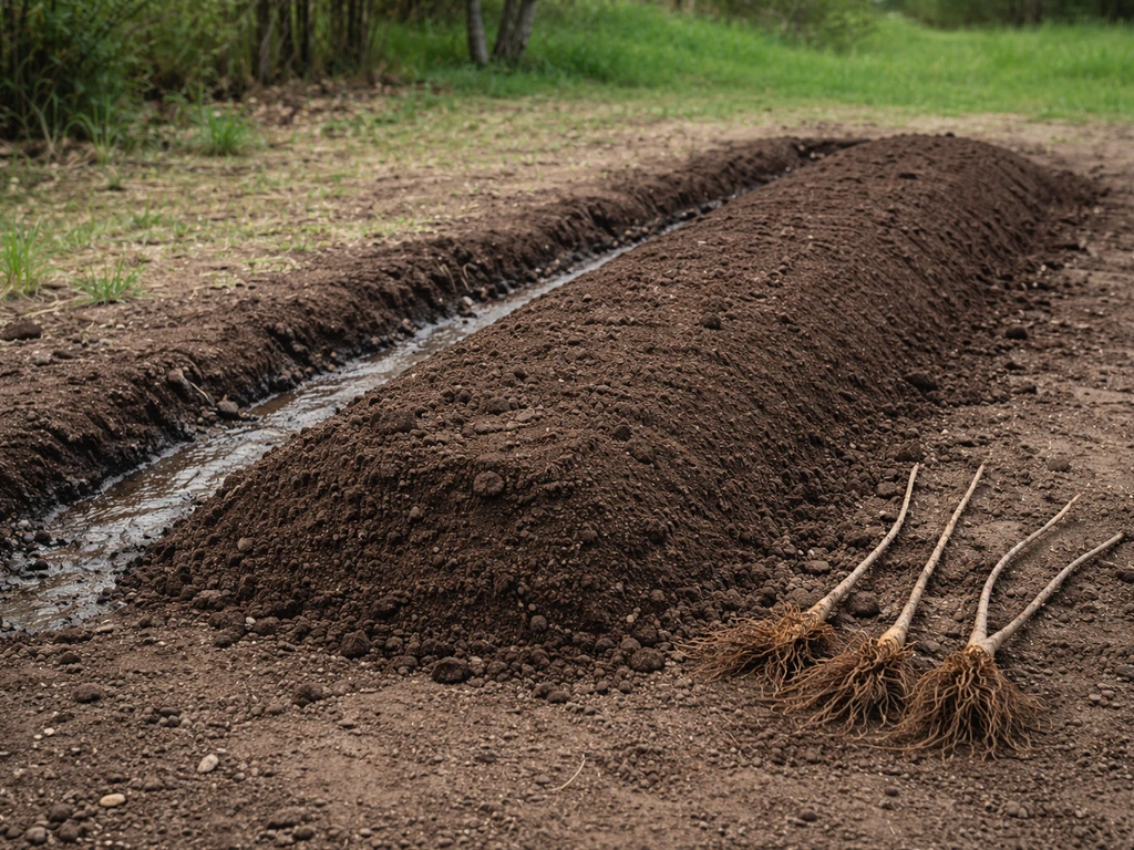 A raised planting bed with dark fertile soil and a shallow drainage channel beside it.