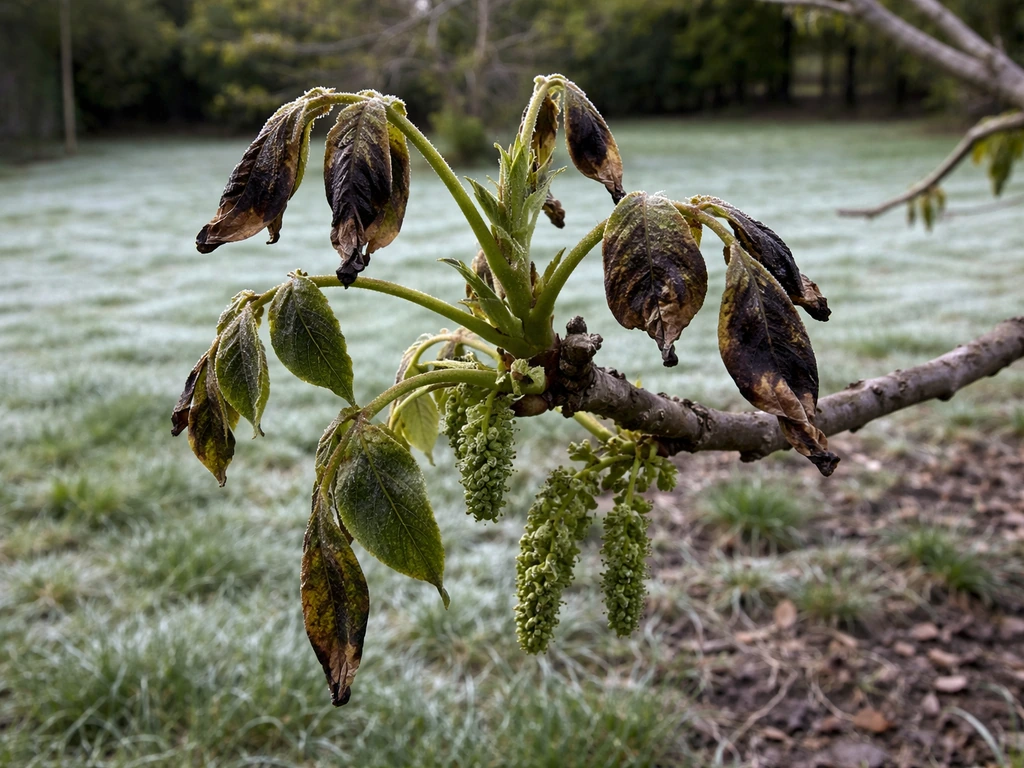 English walnut new growth browning from late-spring frost, with faint frost on nearby grass.