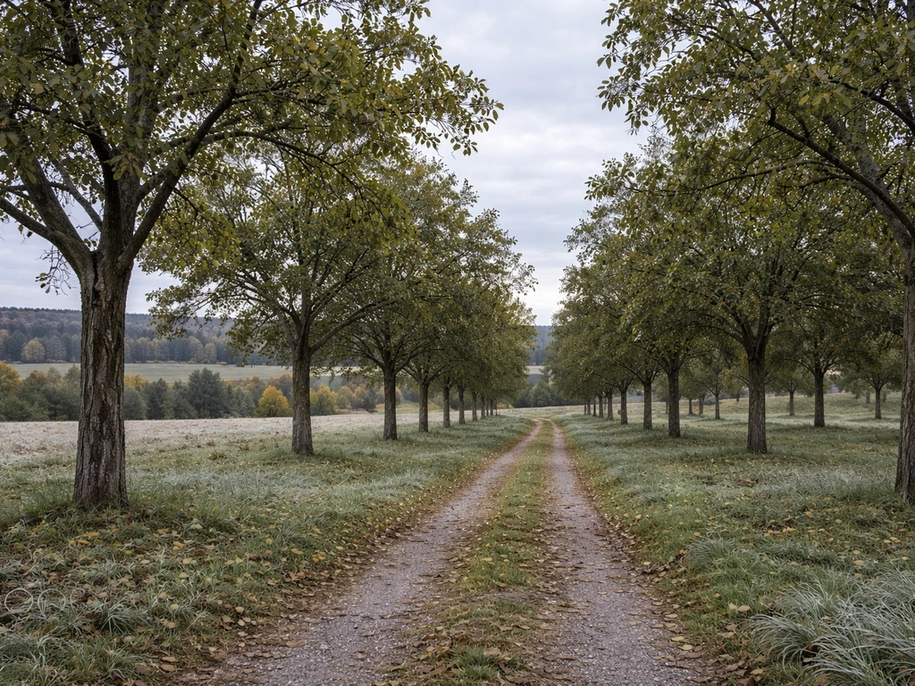 Walnut orchard in Ontario countryside with walnut trees, patchwork fields, and cold-season sky