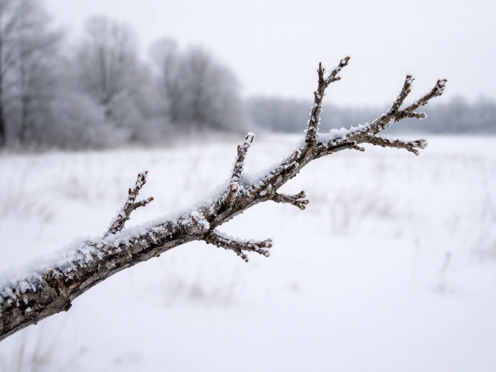 Frosted walnut branches in a snowy Canadian landscape under cold winter light