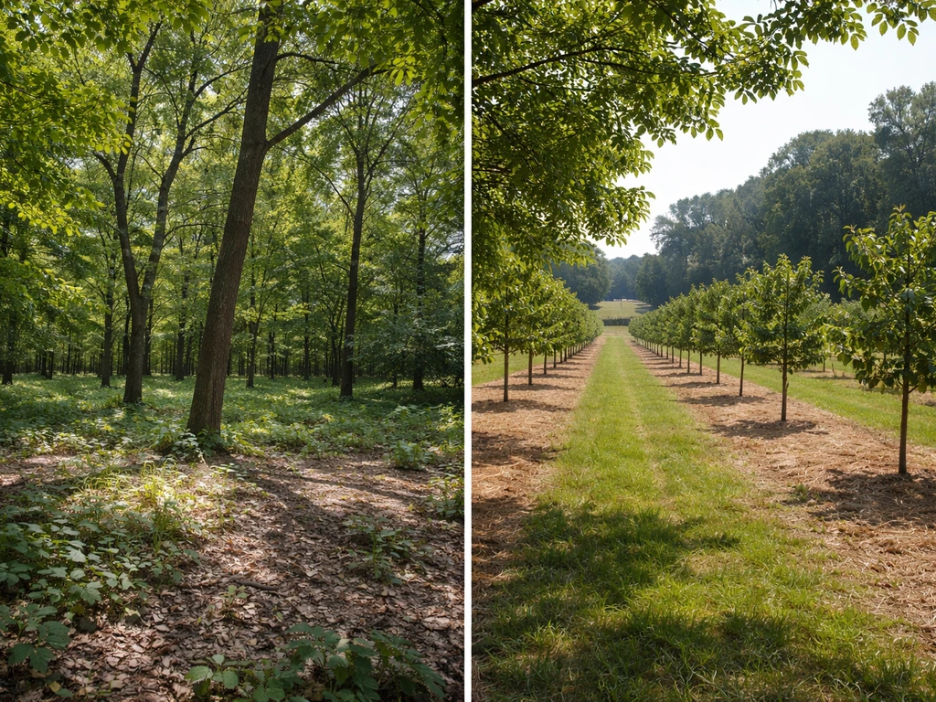 Split rural scene: wild Canadian forest with walnut-like trees versus neat cultivated orchard rows.