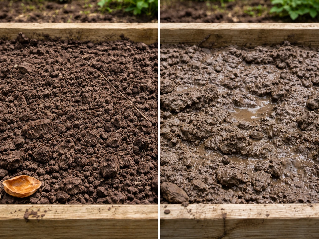 Split view of loose well-drained loam vs compacted, wet muddy soil showing drainage differences.