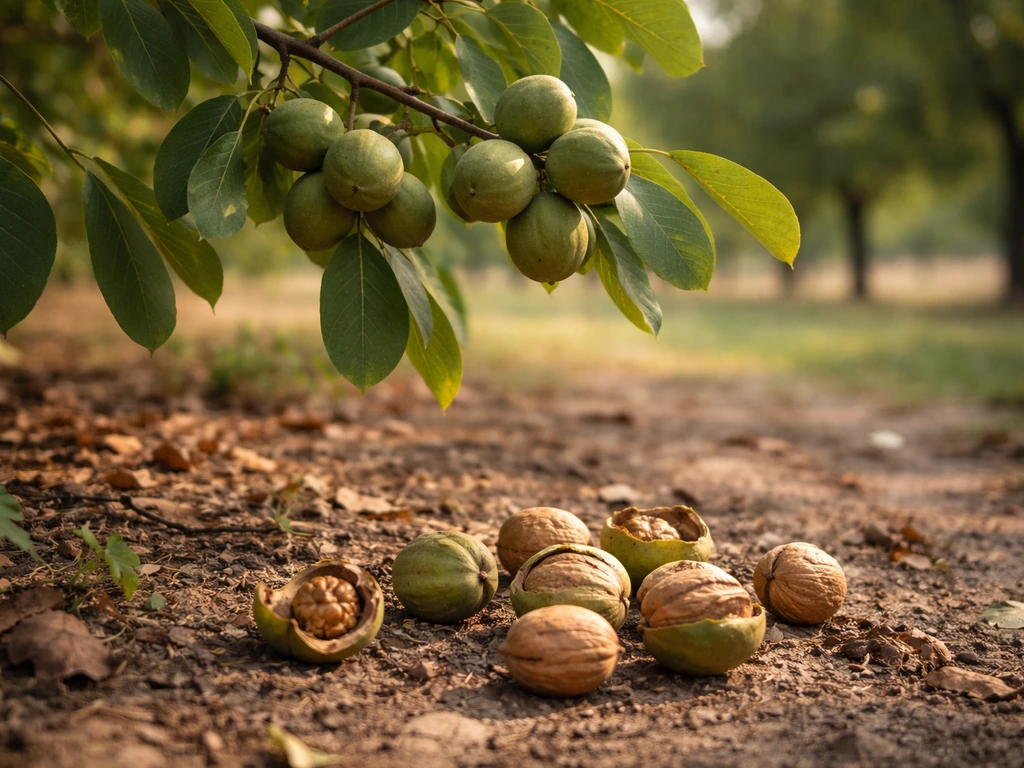 Walnut tree branch with developing nuts and freshly harvested walnuts scattered on the ground.