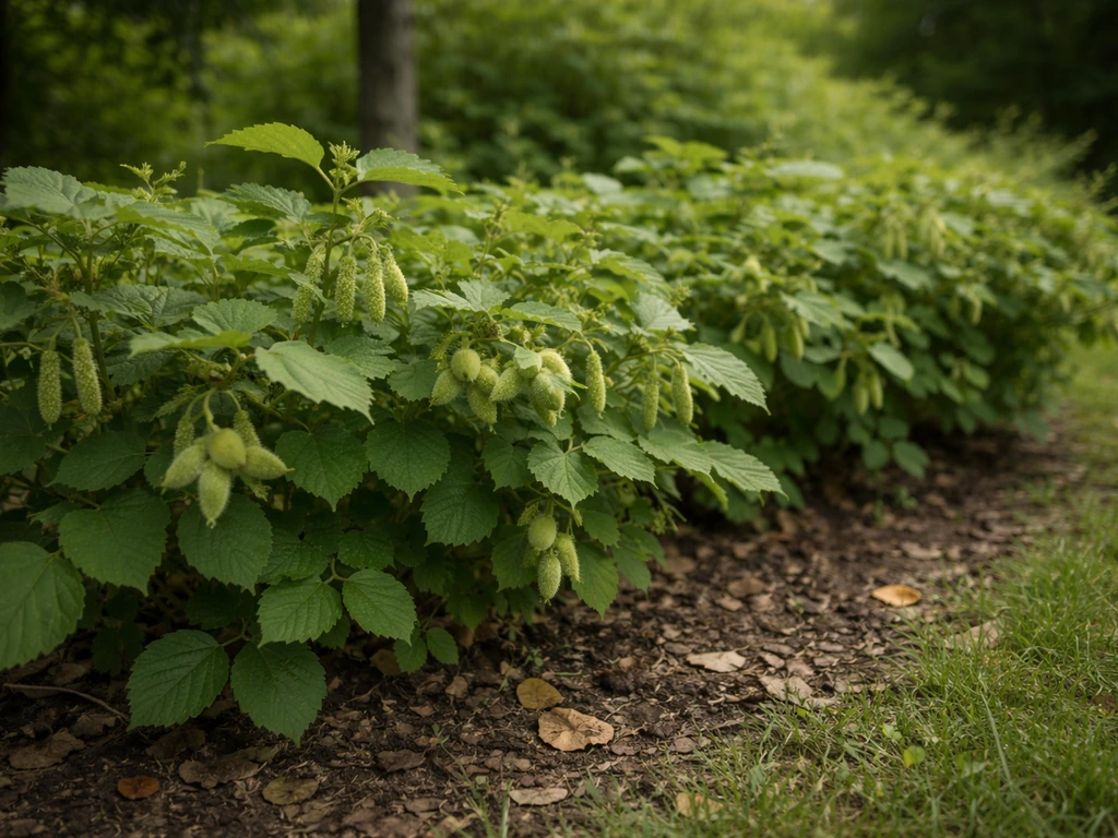 Backyard hazelnut shrubs in Michigan with green catkins and small green nuts among the leaves.