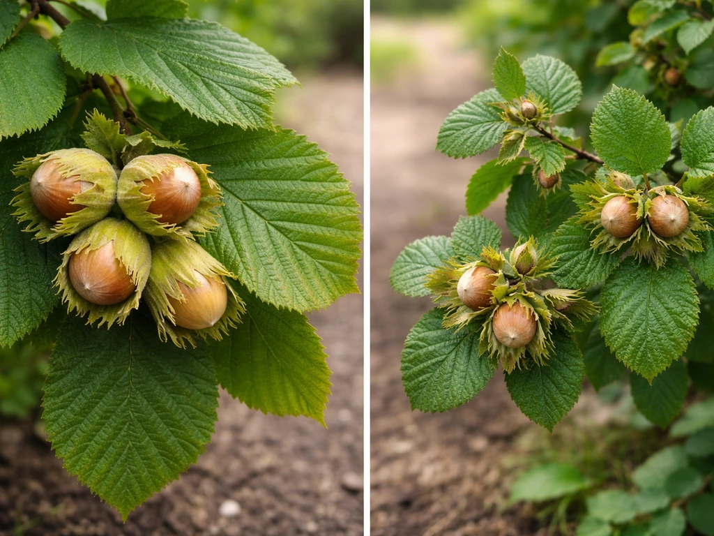 Close-up of hazelnut branches with nuts and leaves—European-style next to cold-hardy American hazelnut foliage.