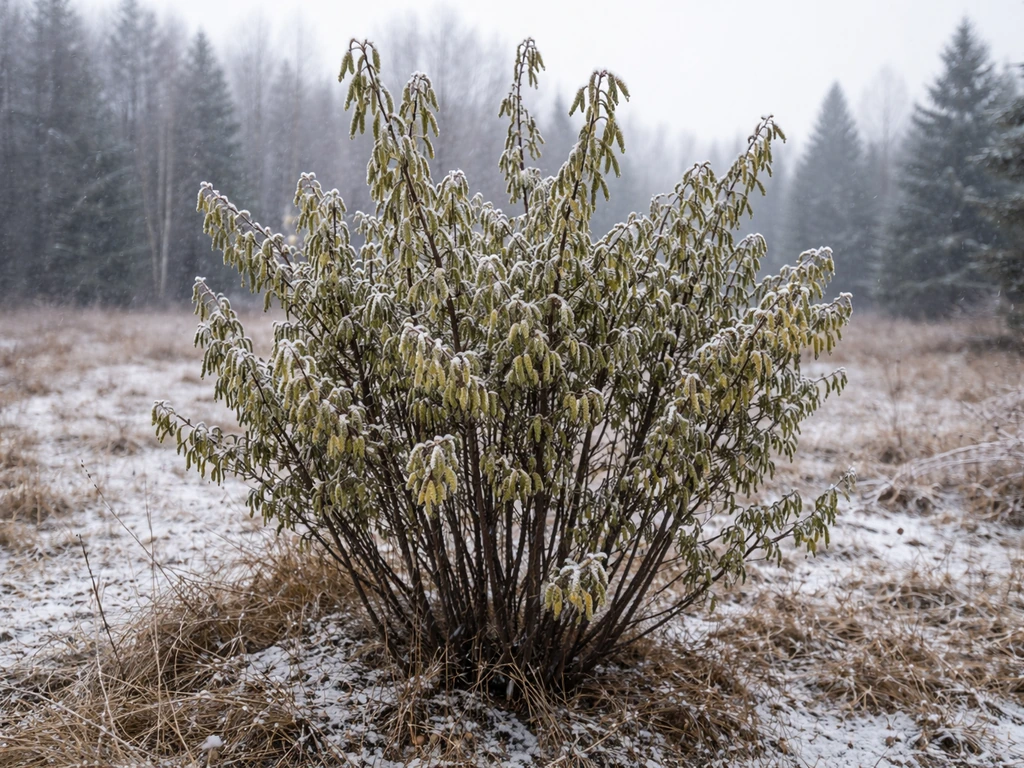 Frost-dusted American hazelnut shrub in a windy, cold Northern Michigan landscape