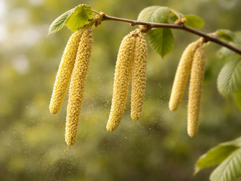 Close-up of hazelnut catkins on a branch with visible pollen in a breezy outdoor garden setting