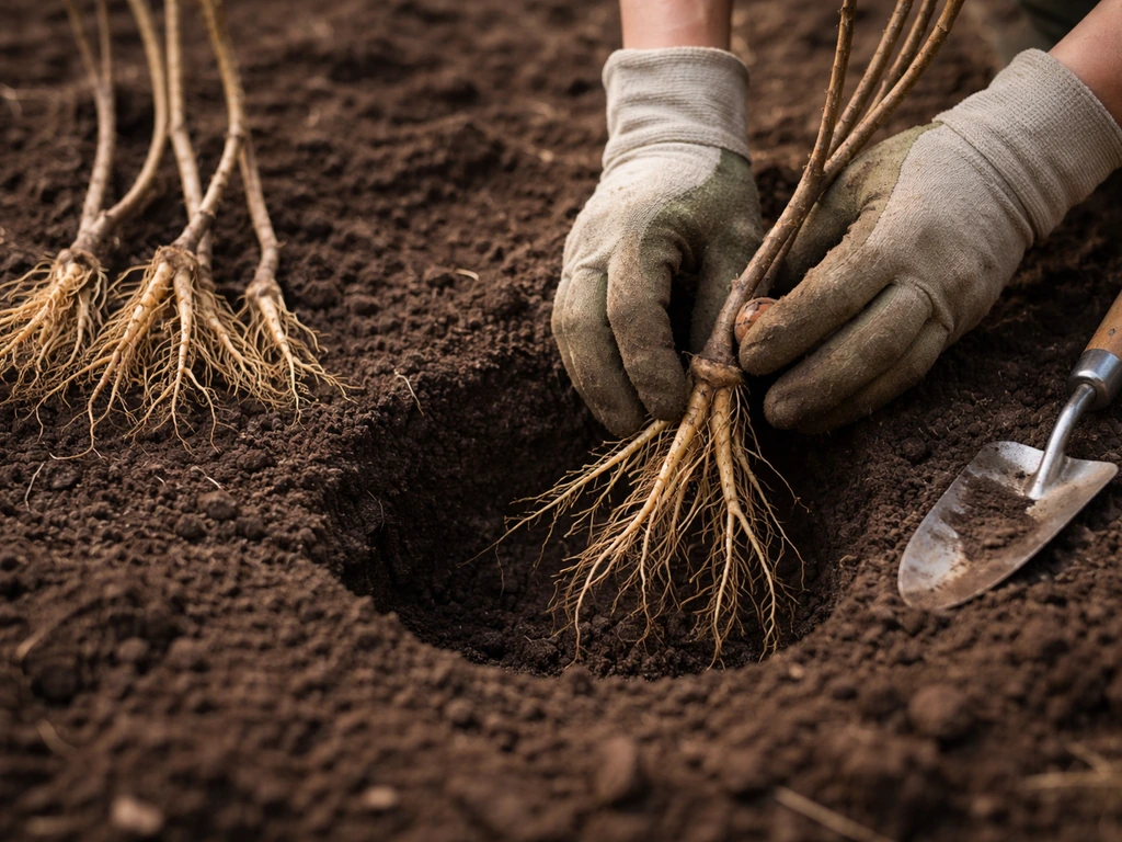 Gloved hands placing bare-root hazelnut roots into a prepared planting hole with shoots laid nearby.